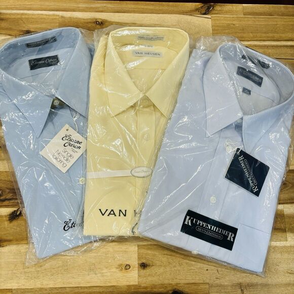 NIP NWT Vintage Button Up Dress Shirts Van Heusen Etienne Caron Blue Yellow - Picture 1 of 7